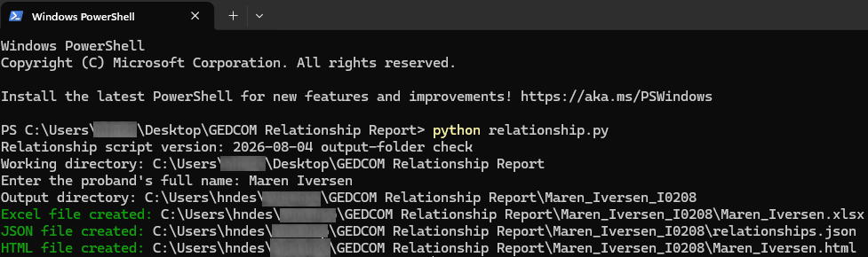 Windows PowerShell running relationship.py and creating XLSX JSON and HTML report files