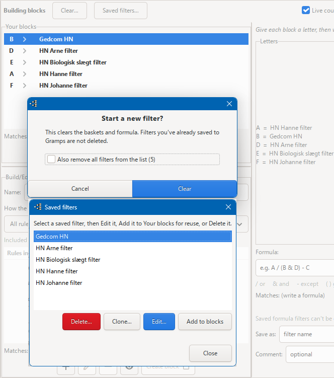 Easy Filter Builder Saved filters and Clear dialogs