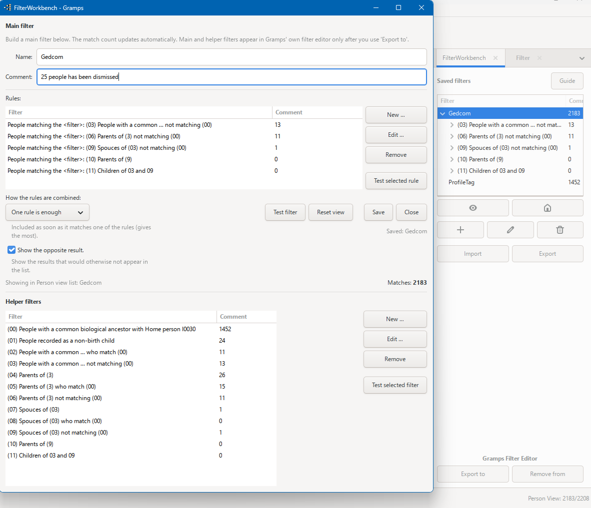 FilterWorkbench V2.0 with a saved GEDCOM filter open and the Gramps Filter Editor export controls visible