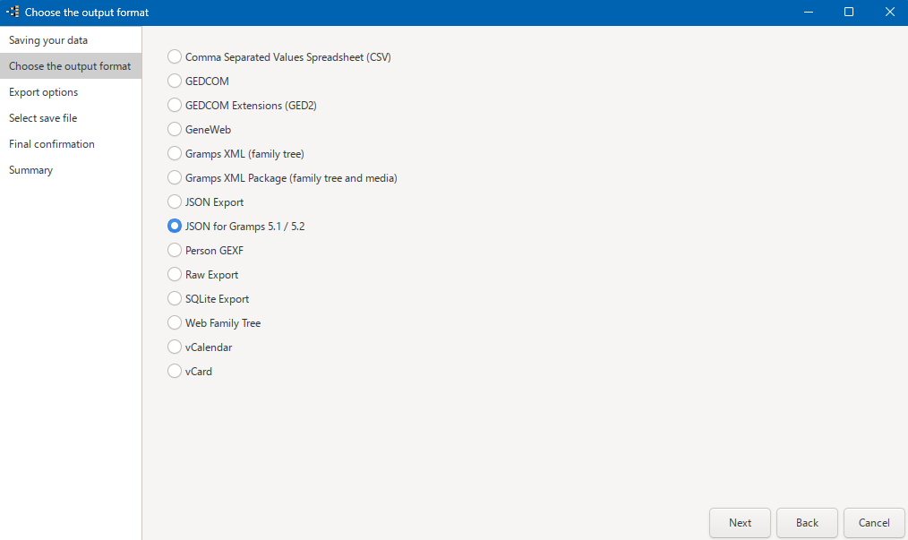 Choosing the output format in Gramps V6.0