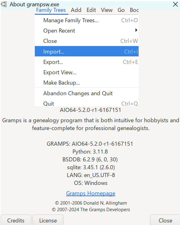 Shows import in Gramps V5.2